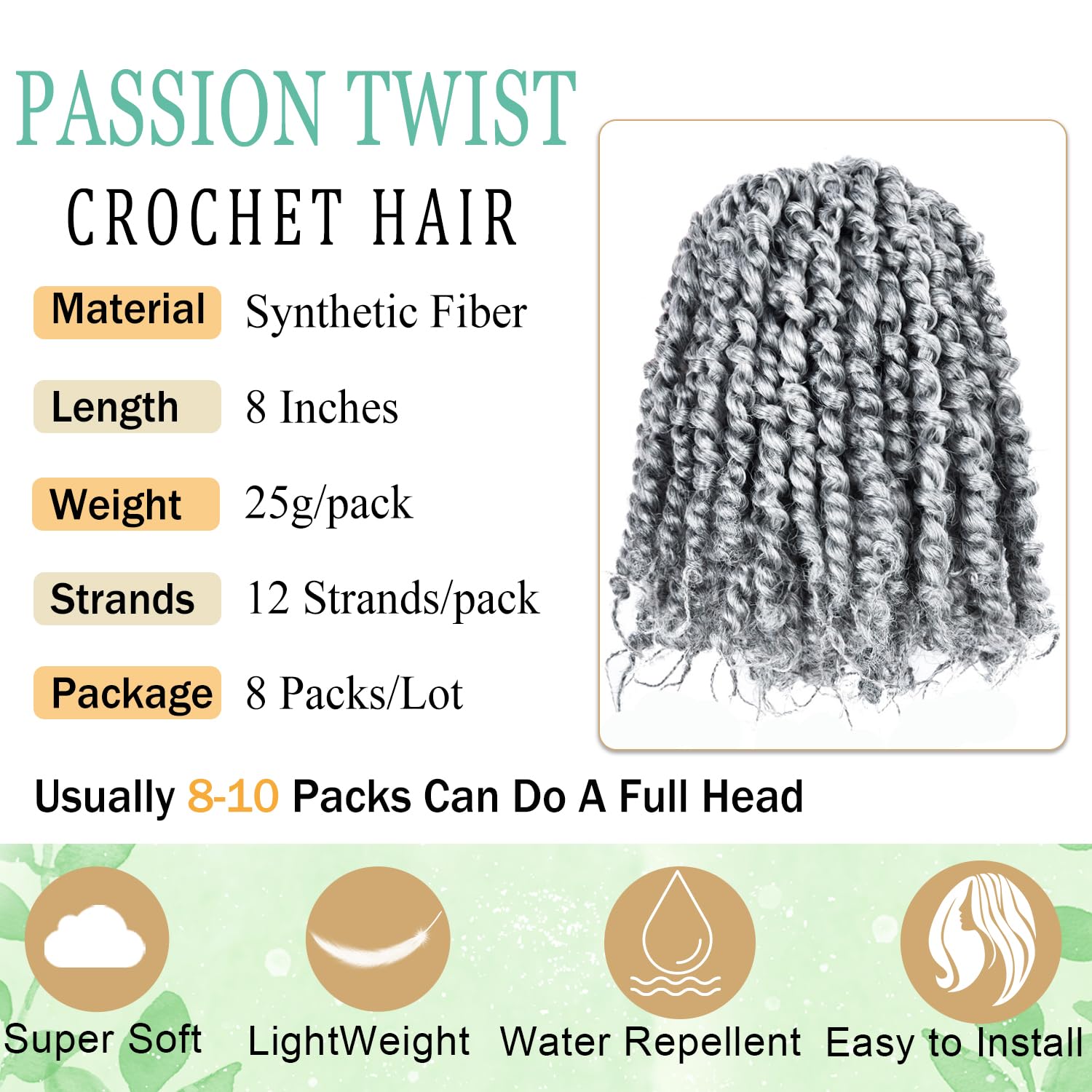 8 Inch Passion Twist Crochet Hair for Black Women 8 Packs Pre-twisted Passion Twists Crochet Braids Hair Pre-looped Bohemian Twist Synthetic Braiding Hair Extensions (12Strands/pack;TGrey#)