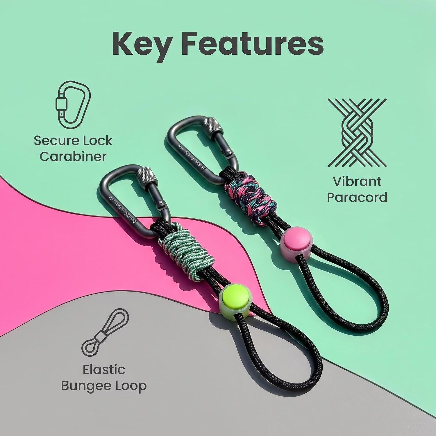 Mini Locking Aluminum Carabiner Hanging Strap, Colorful Braided Lanyard with Elastic Hanging Loop for Keys, Backpack, Outdoor Gear Accessories image 2