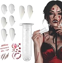 Vampire Fangs Kit, 4 Sizes Fake Vampire Teeth with 1 Teething Tube Pellets Stickers and 2 Sheets Halloween Tattoos Cosplay Props Halloween Party Costume for Kids and Adults