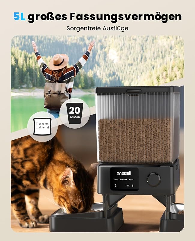 oneisall 5L Automata Macskaeledel Adagoló WiFi Applikációval, 2 Rozsdamentes Tál
