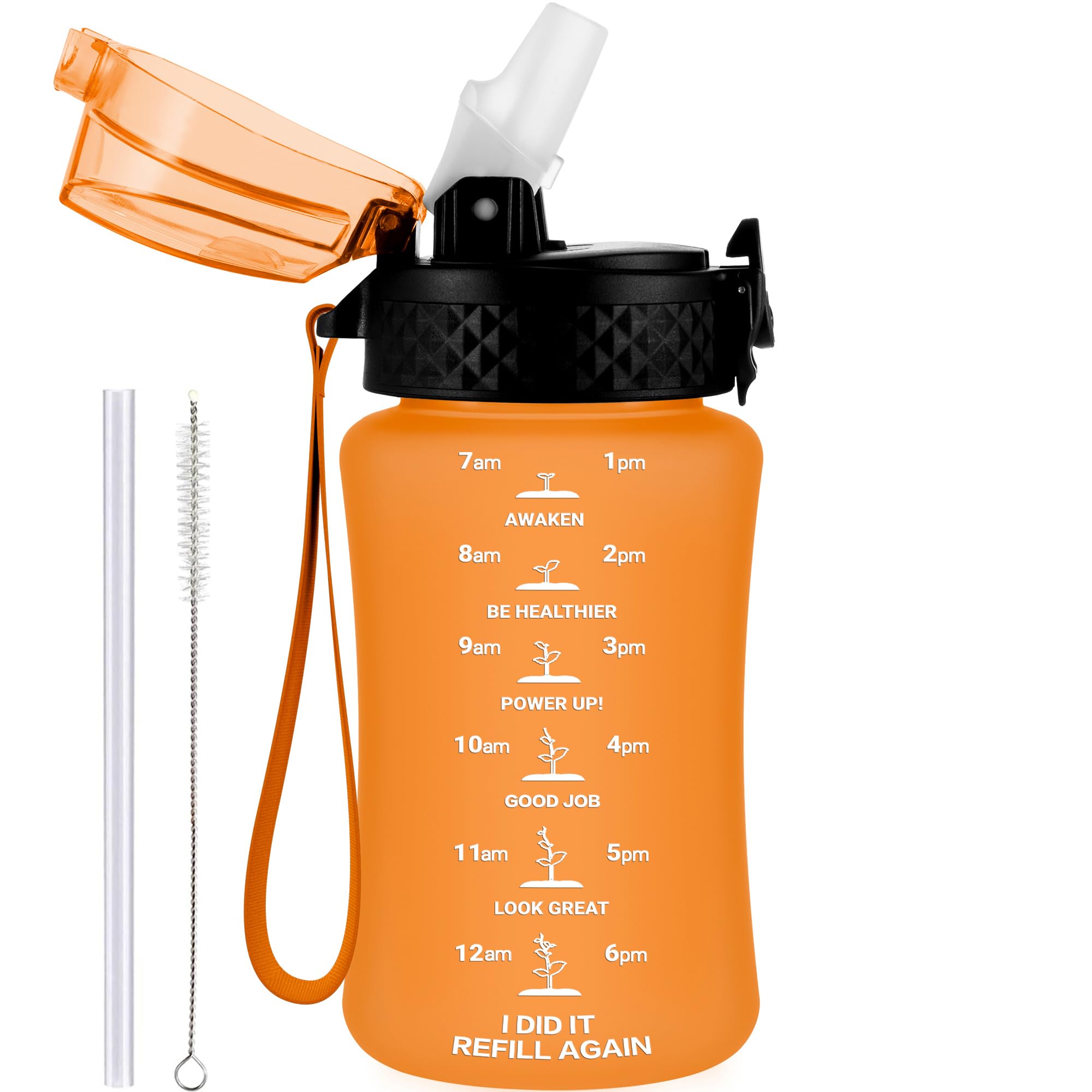 GOPPUS 350ml/12oz Kids Water Bottle With Straw Tritan Drinks Bottle with Strap Small Toddler Juice Bottles with Flip Top Lid Leakproof Children's Cup with Time Marking BPA free Girl Boy (Orange) — image 1