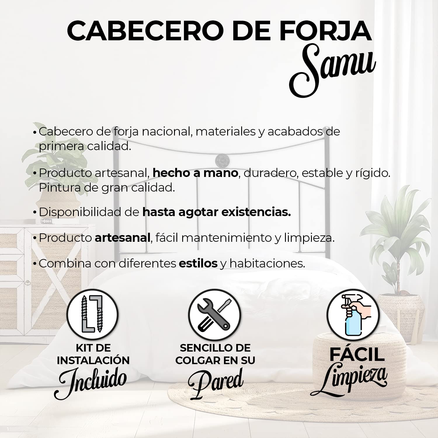 El Herrero Cabecero de Forja | Cabezal para Cama Individual de 90 cm | Modelo Samu Medallon | Producto Artesanal, Hecho en España (Black)