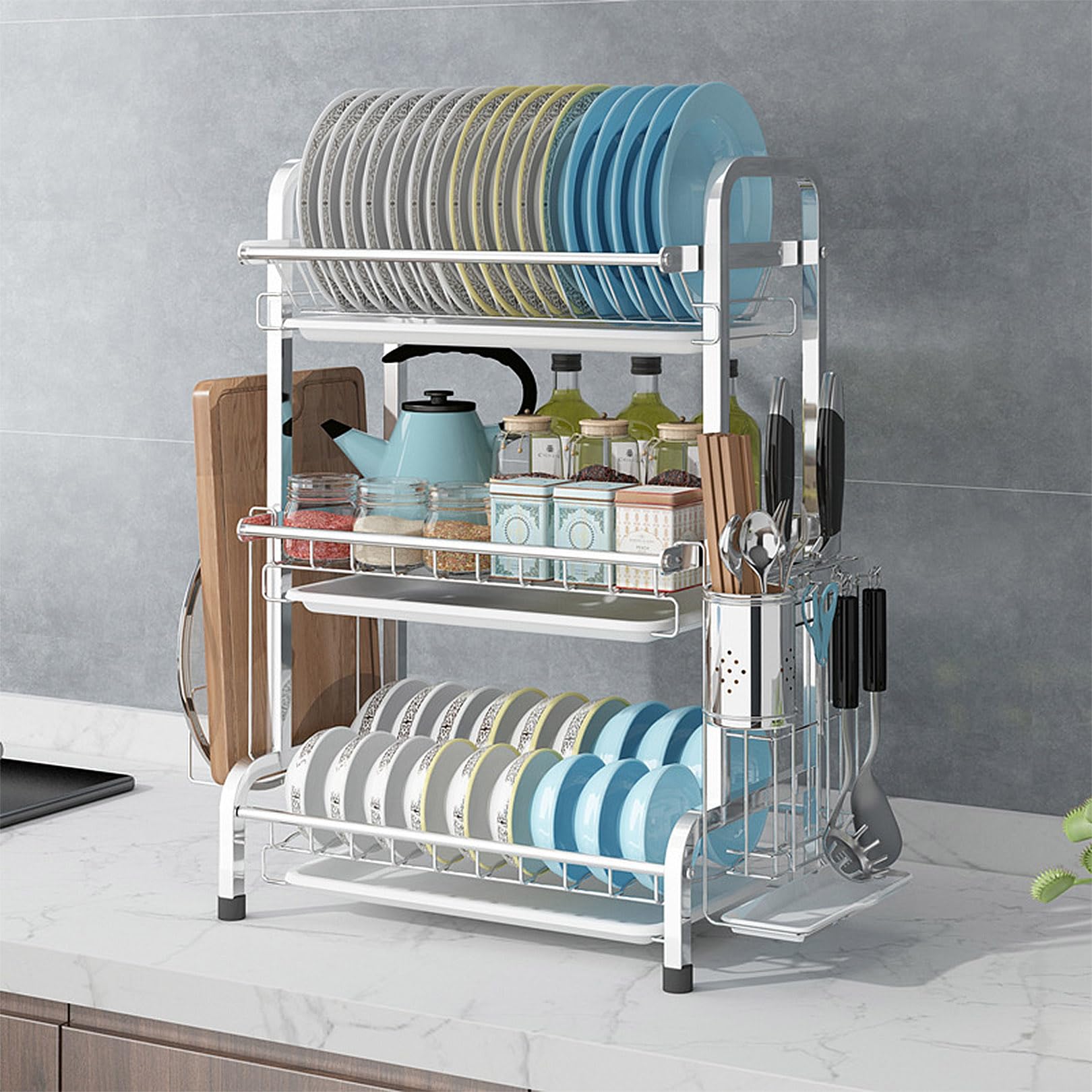 SBZIOJHDR dish drainer rack, 3 Tier 304 Stainless Steel Anti Rust Dish Drainer Rack with Drip Tray(Silver)