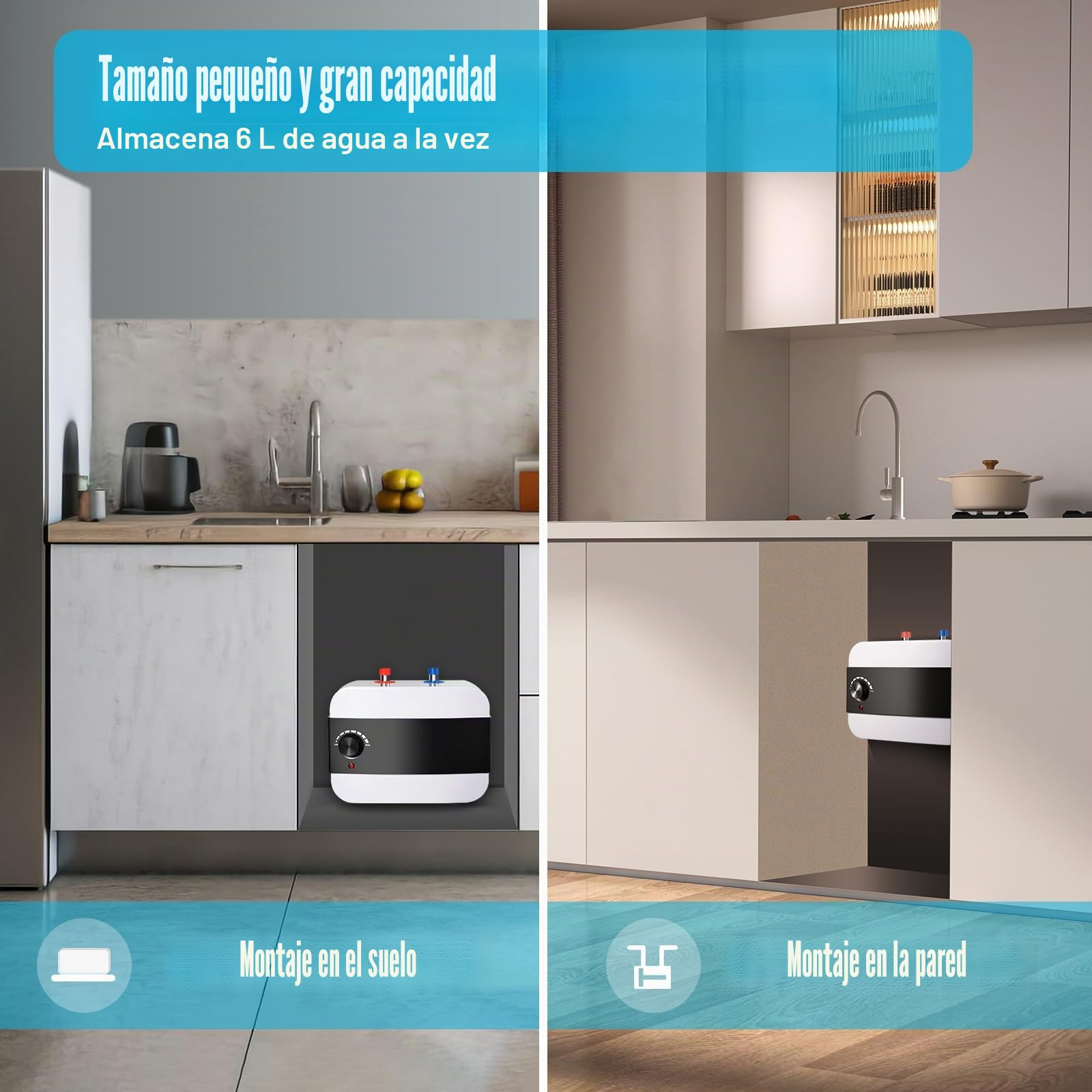 Termo Electrico, 1,5 Kw Calentador de Agua Electrico Instantaneo, Tiempo de calentamiento 8-15 minutos, Rango de ajuste de temperatura 30-65℃, Capacidad 6L, Adecuado para cocinas, baños, etc