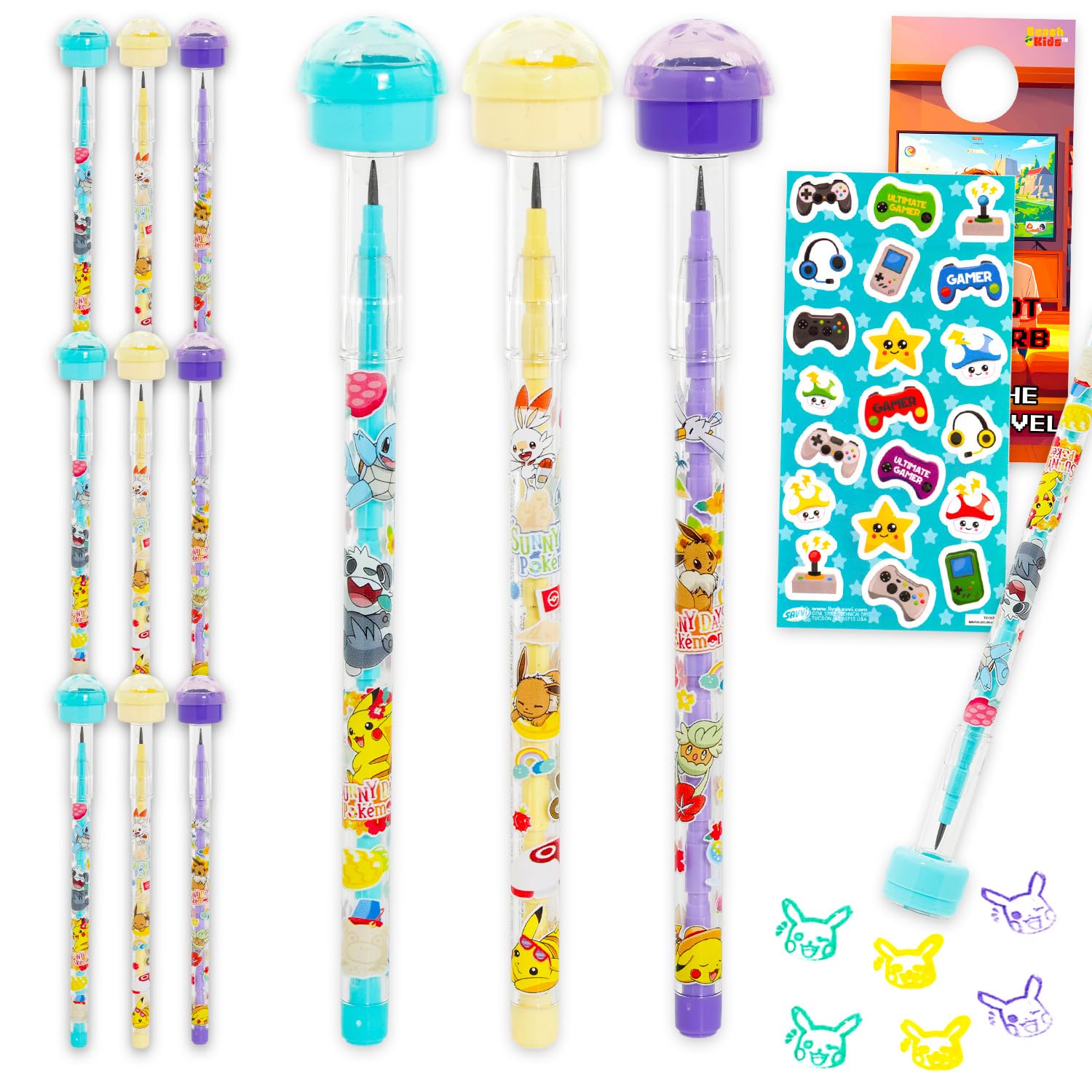 Pokemon Stamps Party Supplies - Bundle with 12 Themed Stamps with Pencils for Birthday Party Favors, Goodie Bags, Loot Bag Fillers, More Plus Stickers