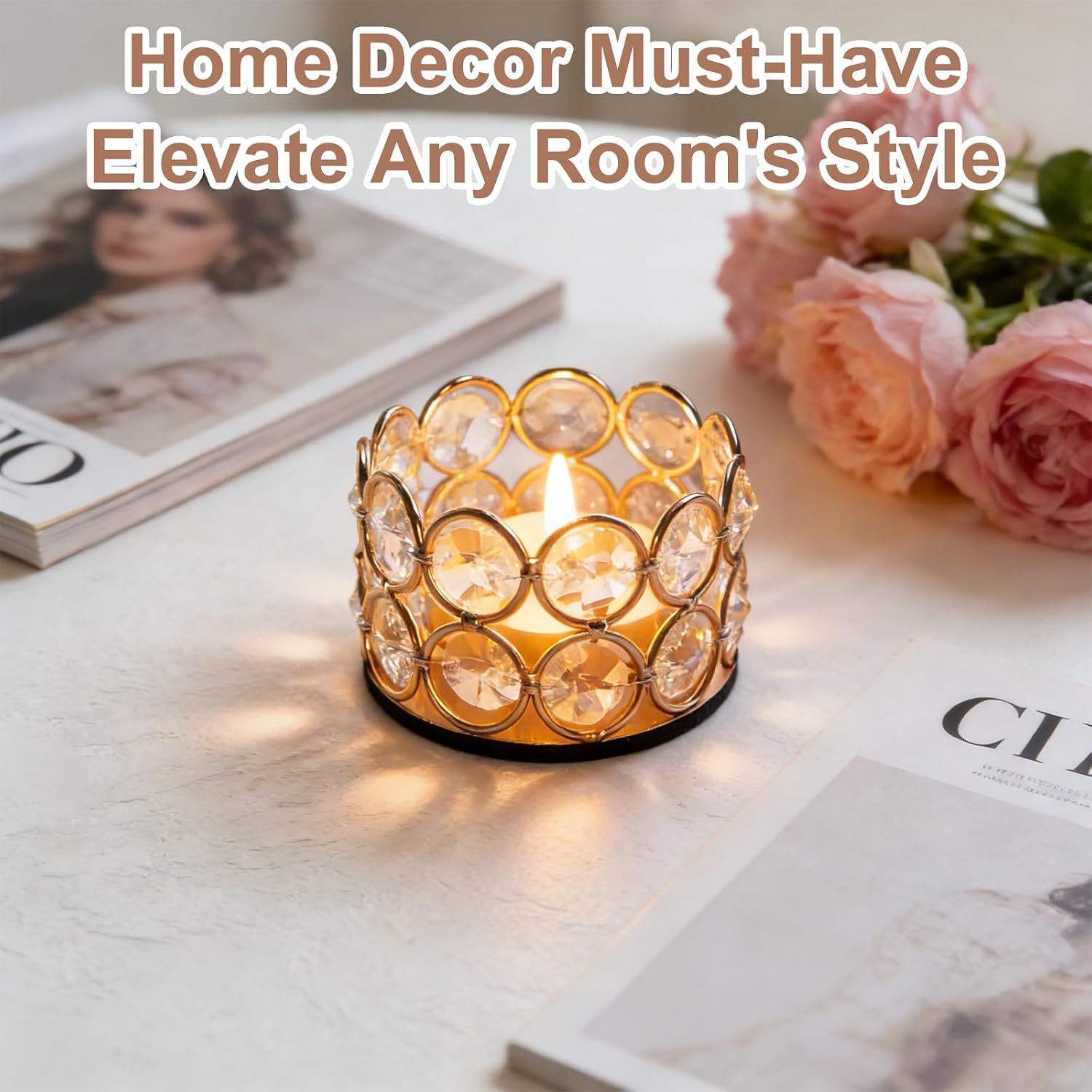 8 Pack Gold Crystal Tea Light Candle Holders, Votive Candles Holder Candlestick Elegant Tealight Holders for Wedding Home Table Centerpiece Decoration, Housewarming Gift(Candle Excluded)