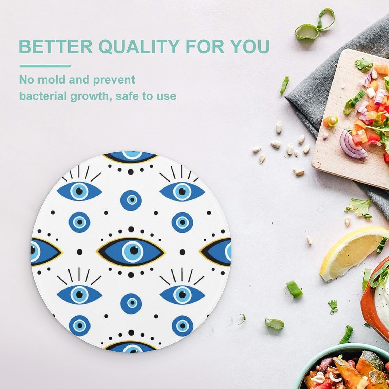 Evil Eyes Round Tempered Glass Chopping Board, 7.9 Inch Non-Slip Worktop Saver, Heat & Scratch Resistant Easy Clean Cutting Board for Home Kitchen Food Prep and Camping