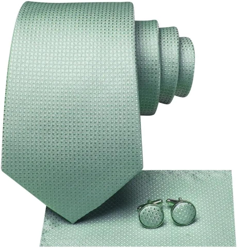 Men's Tie Sets Green Plaid Fashion Men Neckties Wedding Party Ties Cufflinks Pocket Squares