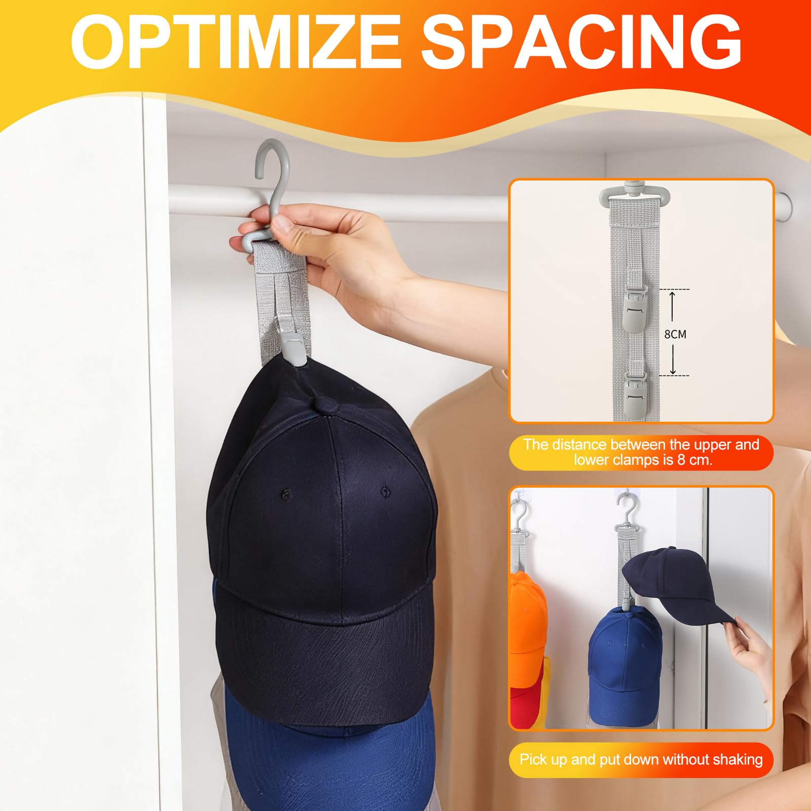 Porta Cappelli con 8 Clips,Appendi Cappelli da Parete,Gancio girevole a 360°Portacappelli Clip,cappelli Organizer Armadio da Appendere per Cappellini Baseball Cappelli Fedora Berretti(Grigio,1 Pezzo)
