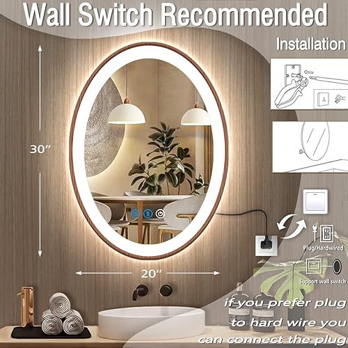 Miniatura 6 de Espejo de madera ovalado LED de 20 x 30 pulgadas con marco de madera clara, espejo de tocador iluminado ovalado con luces para baño, memoria