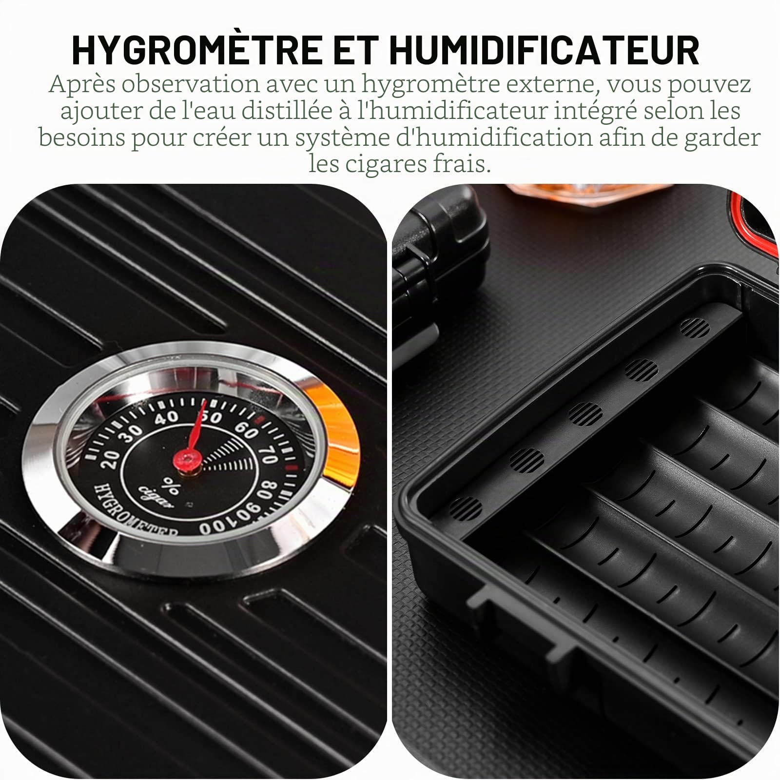 CIGARLOONG Cave à cigares Voyage étui à cigares Double Couche avec hygromètre et humidificateur(Couleur:Noir)