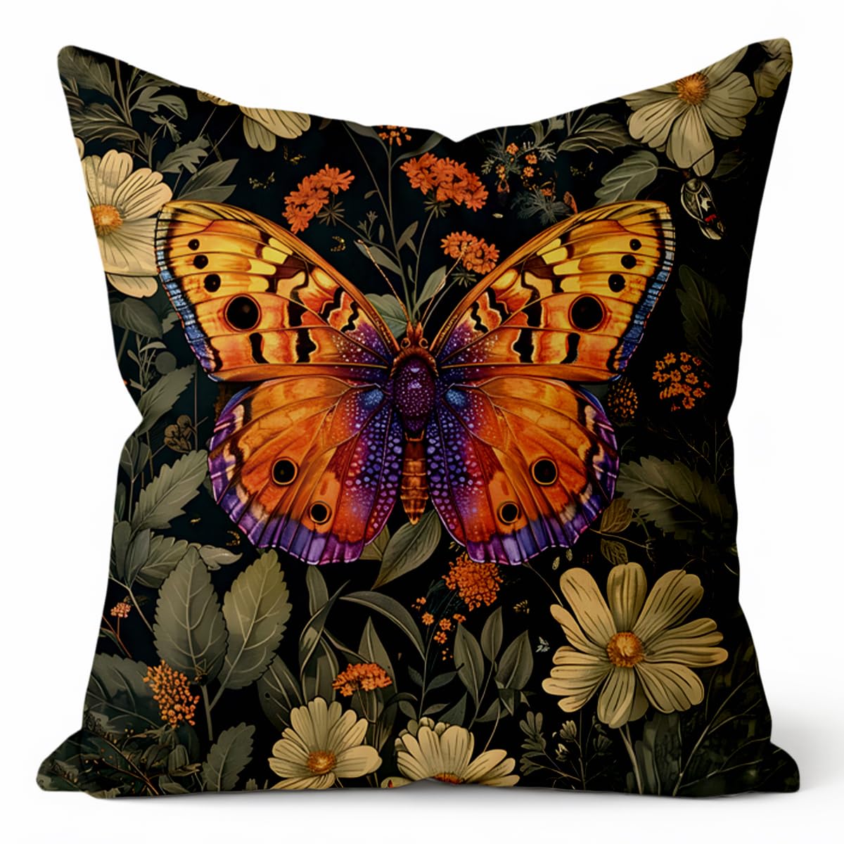 Botanical Butterfly Vintage Throw Pillow Cover Butterfly Flowers Cushion Case for Sofa Couch Bed Farmhouse Home Decor, 18x18 Inch