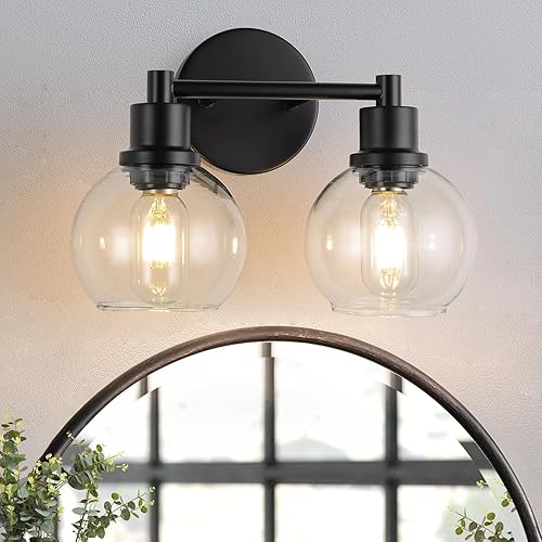 Lámpara de tocador de baño, 2 luces, lámparas de baño negras con pantalla de vidrio transparente de globo transparente, aplique de pared negro mate