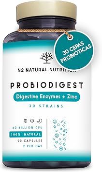 Probioticos y Prebioticos Intestinales con 30 Cepas Bacterianas, Enzymas Digestivas y Zinc. Mejora las Digestiones y el Tr nsito Intestinal. Equilibra la Microbiota. 90 Capsulas. N2 Natural Nutrition