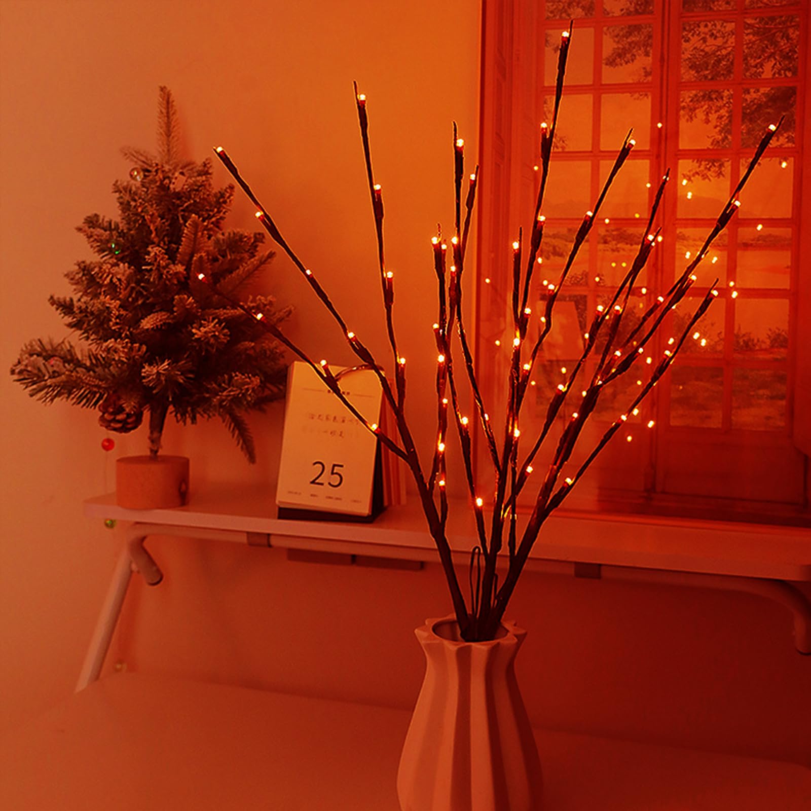 Festive Orange-Red LED Branch String Lights 60 Orange-Red LEDs Waterproof Design, Perfect for Christmas Tree/Party/Chinese New Year Decor, 74cm Battery-Operated Party Lights for Home and Garden Decor