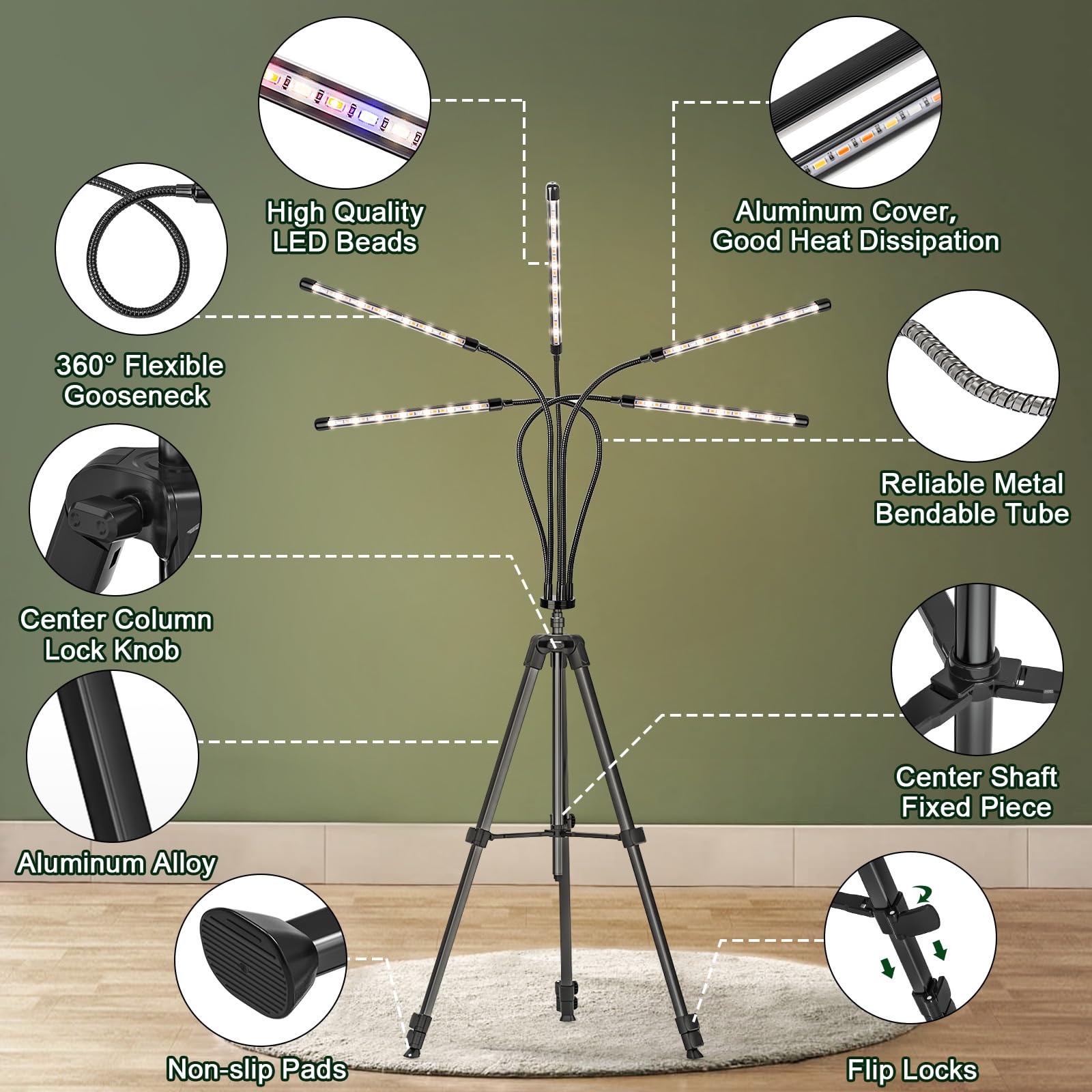 Pflanzenlampe mit Ständer, 5 Kopf 100 LEDs Vollspektrum Pflanzenlicht, Pflanzenleuchte mit Grow Light mit 3 Farbmodi und 10 Helligkeit, Auto Timer, Pflanzenwachstumslampe