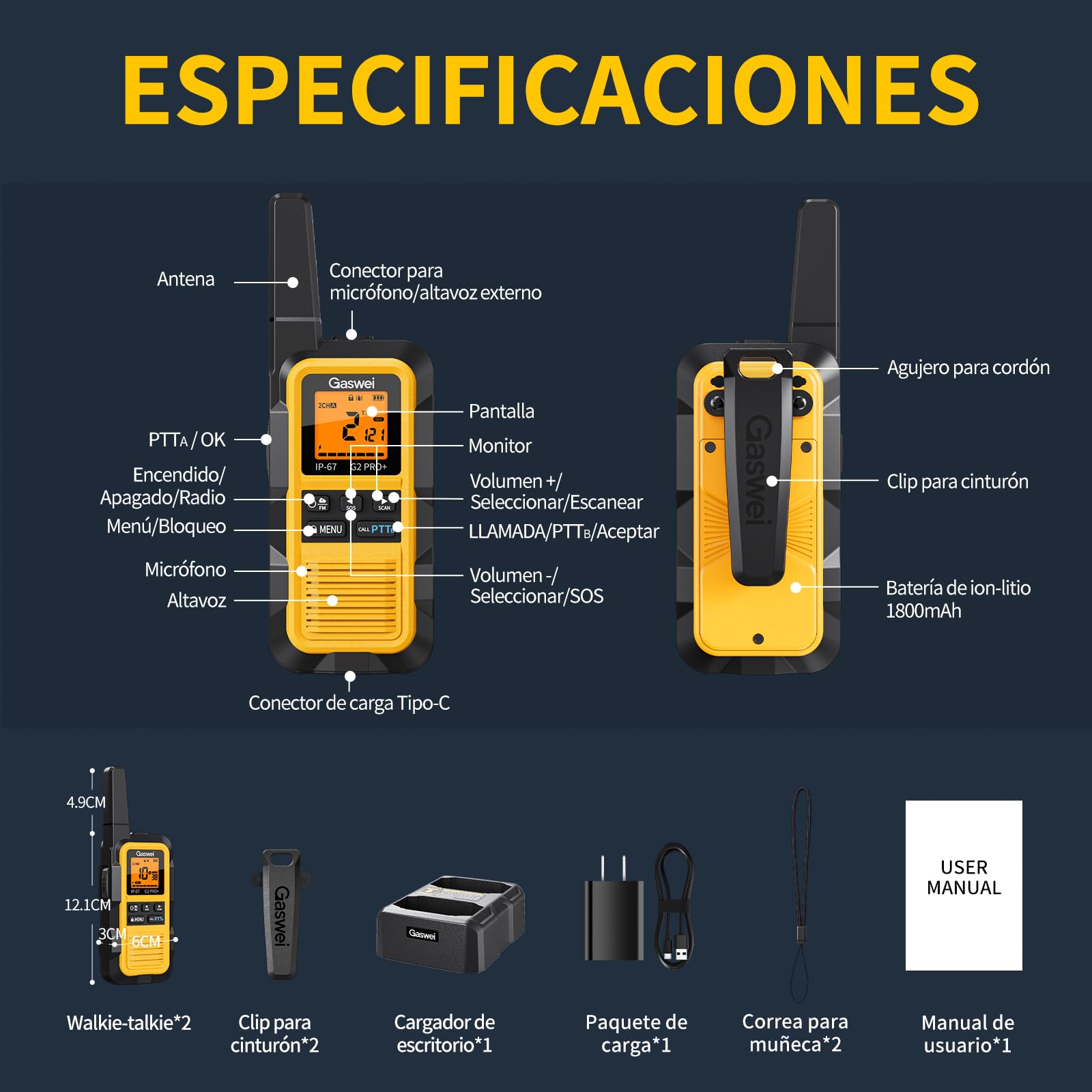 Gaswei G2Pro Walkie-Talkies Profesionales, 2 Unidades - IP67 Impermeable y Flotante, Largo Alcance, SOS, Radio FM, Color Amarillo​ — view 7