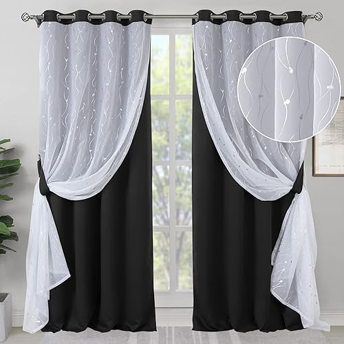 BGment Cortinas opacas con superposición transparente, cortinas de tul estampado plateado de doble capa para sala de estar, cortinas de ventana con