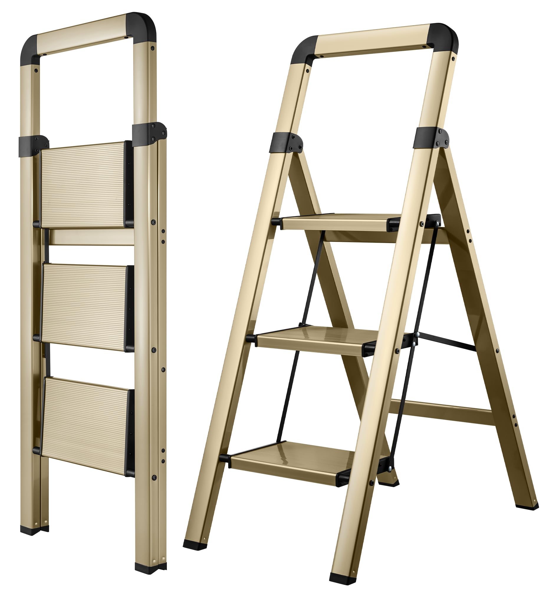 330 LBS Wooden Grain Finish Aluminum Folding Ladder 3 Steps Wide Pedal Non-Slip Portable Heavy Duty for Home Kitchen Office