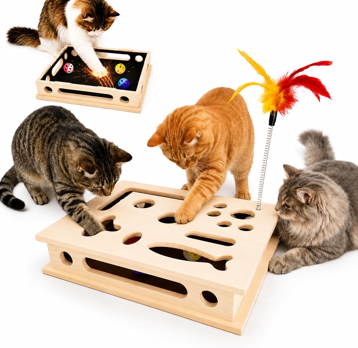 Cat Nail File Scratcher, Interactive Cat Scratch Puzzle Treat Box for Indoor Cats, Solid Wood Sandpaper Liner Claw Care Toy with 3 Balls & Feather, Stress-Free Alternative to Clippers & Grinders