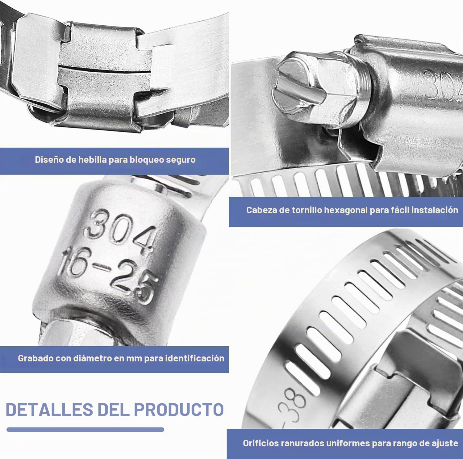 Abrazaderas de Tubería Acero Inoxidable,Juego de abrazaderas de manguera,Abrazaderas de Manguera Ajustables 8-44 mm completamente de acero inoxidable 304,abrazadera para manguera piscina(101Piezas)