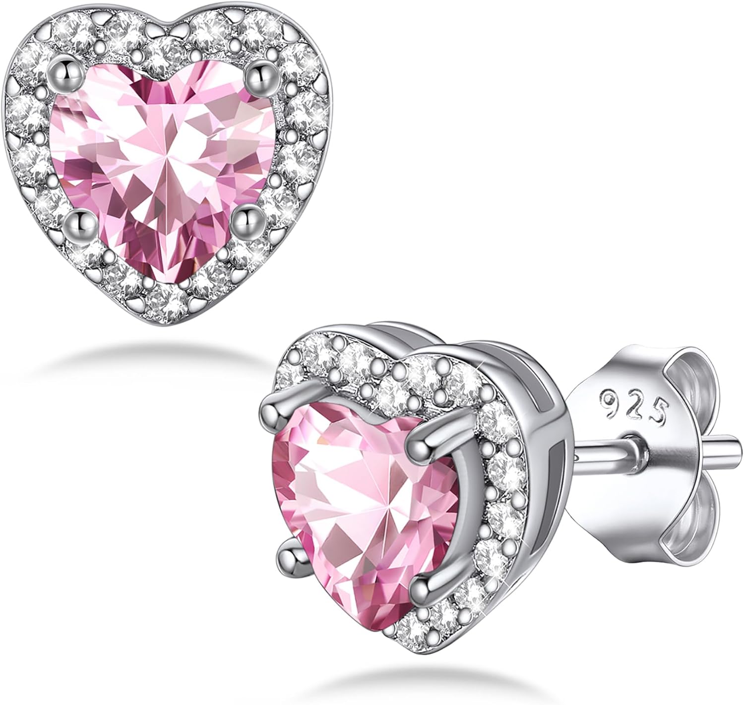 Bestyle Sparkling 925 Sterling Silver Birthstone Stud Earrings for Women, Heart/Round/Teardrop/Square Solitaire Diamond Studs Earrings, Great Birthday/Christmas Gifts