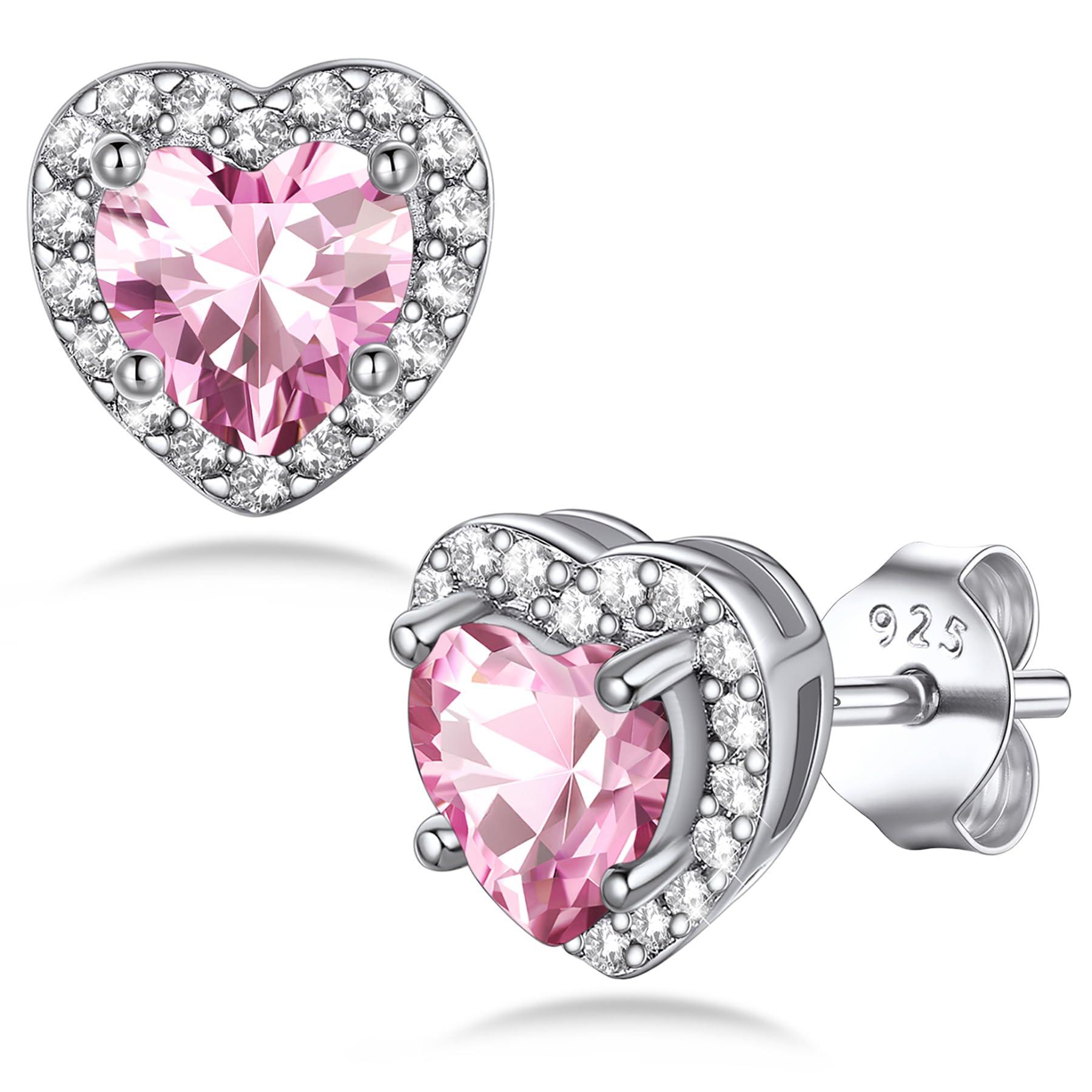 Bestyle Sparkling 925 Sterling Silver Birthstone Stud Earrings for Women, Heart/Round/Teardrop/Square Solitaire Diamond Studs Earrings, Great Birthday/Christmas Gifts