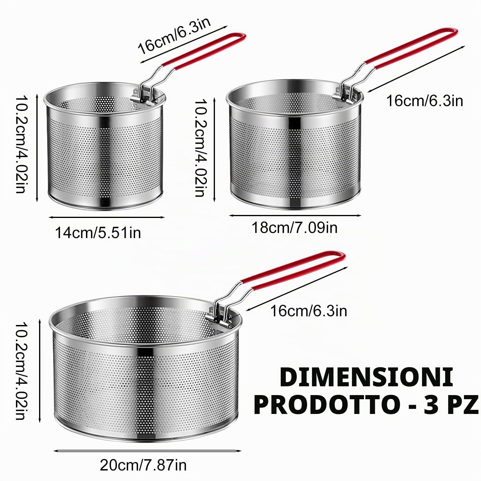 Cestino per patatine, 3 pezzi, in acciaio inox, per alimenti, per la pasta, con manico rimovibile, colino da cucina, colino da cucina per il lavaggio, sgocciolare, friggere, cottura a vapore
