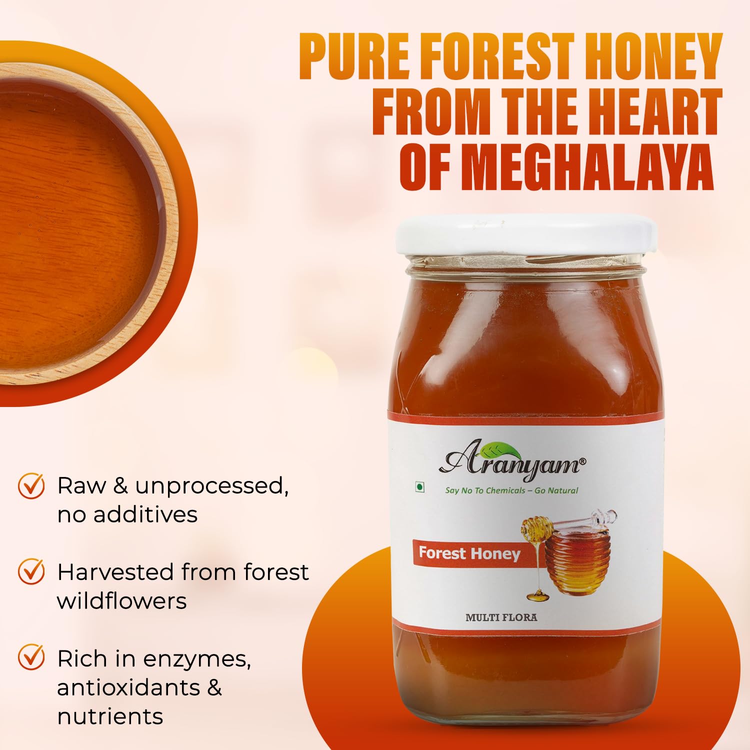 Aranyam Mawsynram Forest Honey - 500g | Pure, Natural & Unprocessed Honey | Unheated, Lab-Tested Honey in Glass Bottle | Rich in Natural Enzymes & Antioxidants | Raw Multiflora Wild Honey 1