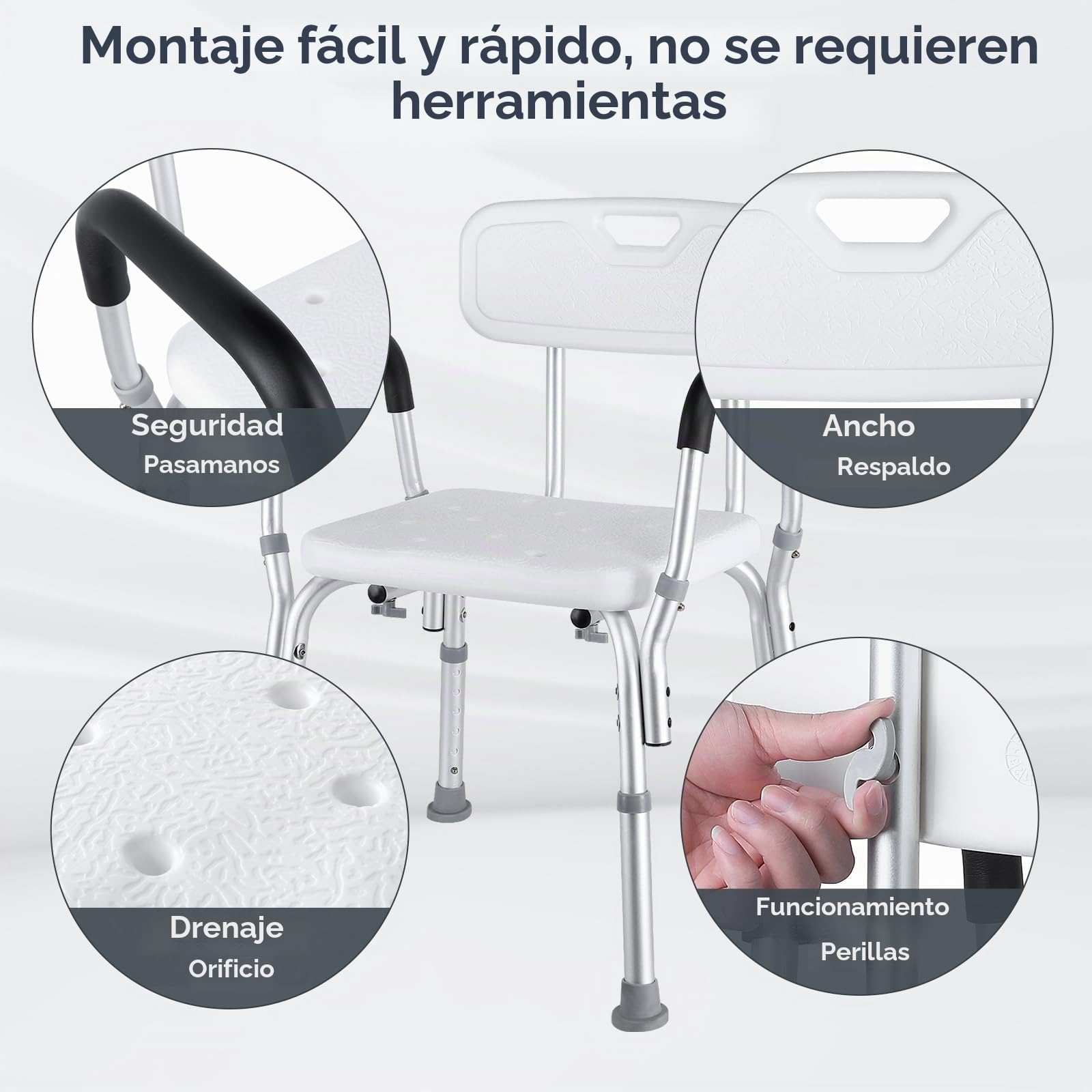 LIFERUN Silla de ducha ajustable, asiento de ducha con respaldo y brazos acolchados, pies antideslizantes, carga máxima de 136 kg, taburete de baño portátil para ancianos, discapacitados y embarazadas