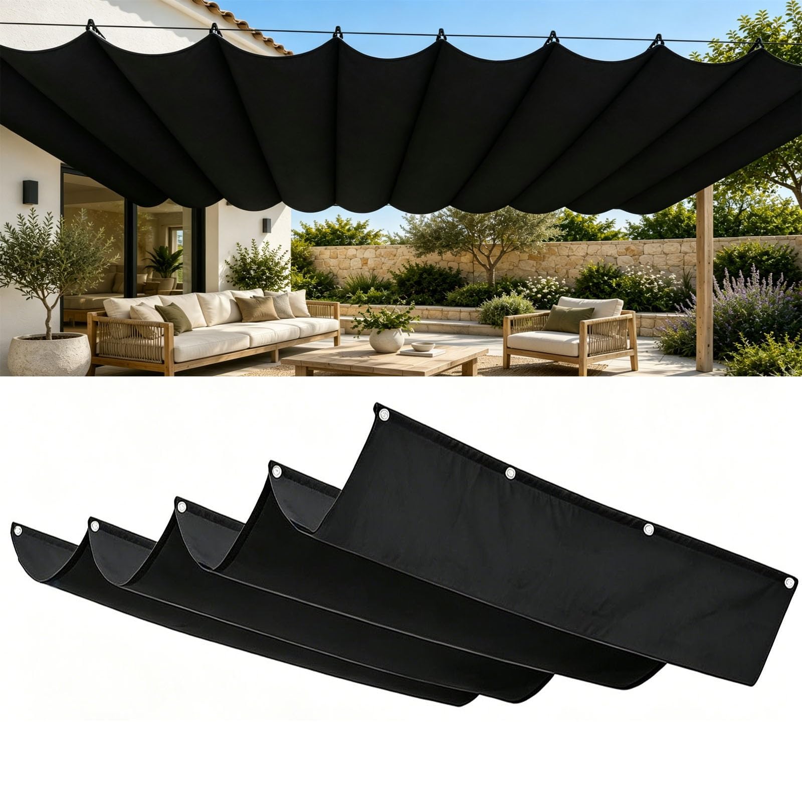 Voile d'ombrage rétractable pour terrasse et grand jardin en été tranquille
