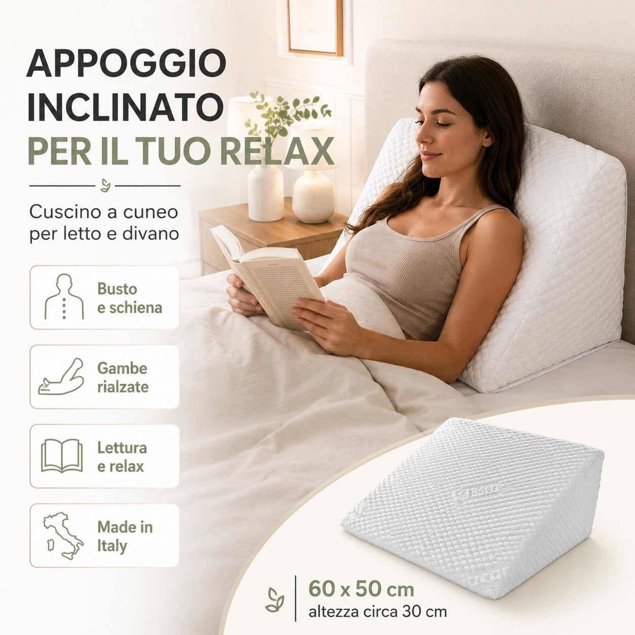 tex family Cojín Triangular de cuña para piernas y Embarazo con Reflejo gastrrico para Cama y sofá, Soporte Lumbar y Espalda