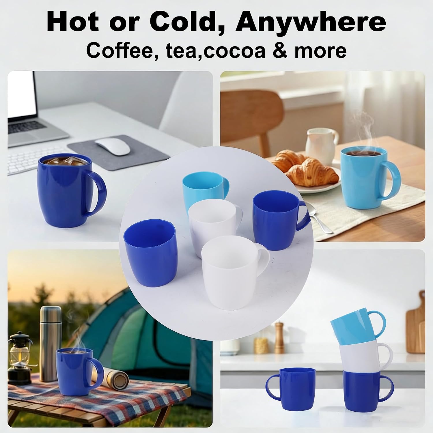 fulong Reusable Plastic Drinking Cup with Handle, BPA Free Microwave & Dishwasher Safe Food Grade PP 13 Ounce Coffee & Milk Mug Set of 5 (Blue)