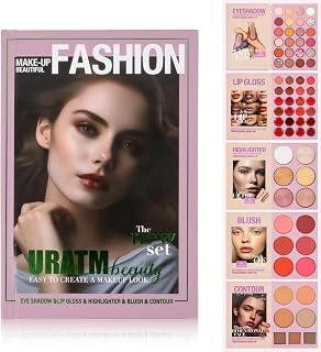 Professional 67 pcs Makeup Palette Set - Book Style Makeup Kit, 5-in-1 Palette with 24 Eyeshadow, 6 Cream Highlighter, 6 Blush, 7 Contour & 24 Lip Gloss, Easy to Create Full Face Look