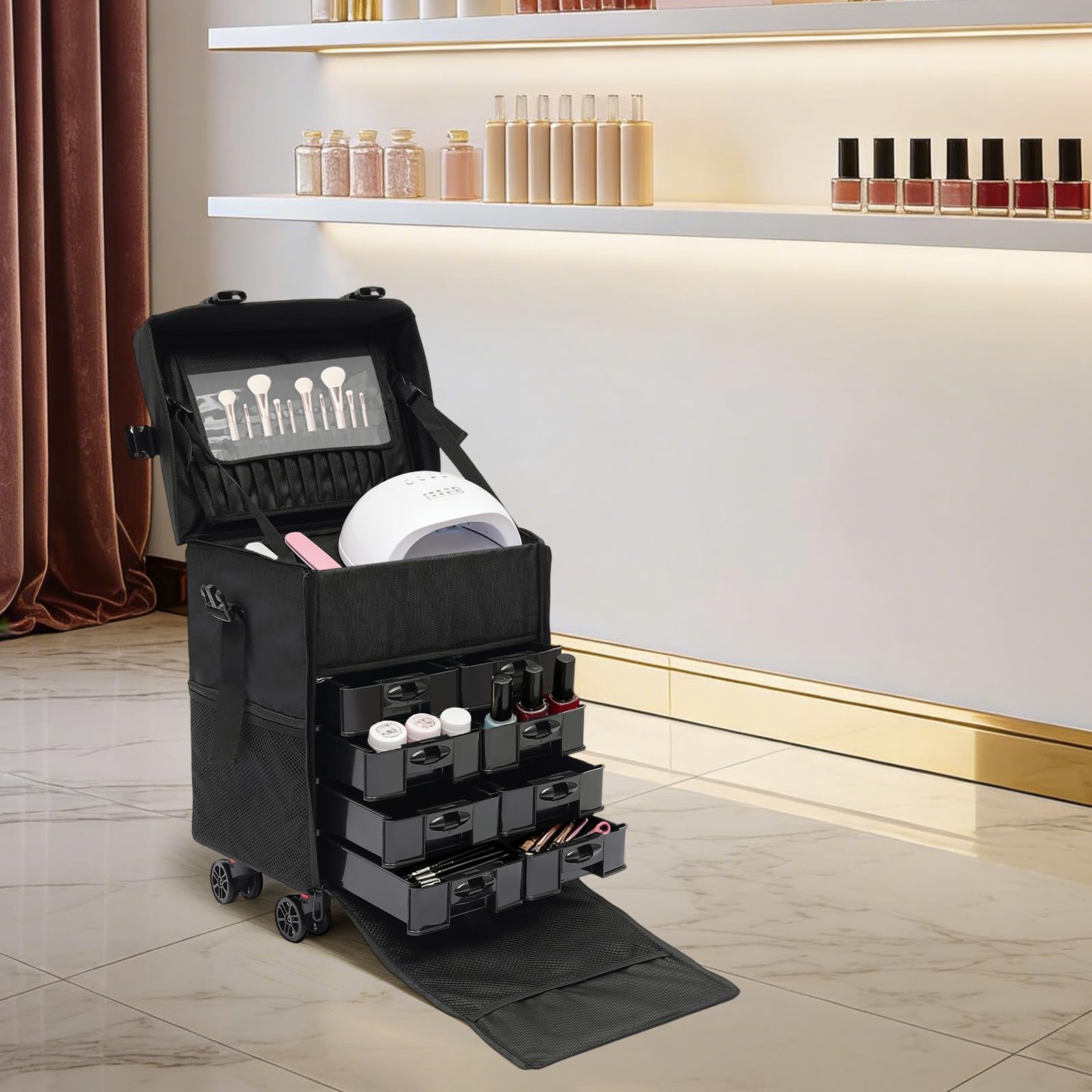 Valigetta per trucchi con rotelle, in tessuto Oxford, con 8 cassetti rimovibili, 4 ruote universali, grande spazio, valigetta professionale per trucchi per trucchi, saloni di bellezza, viaggi, uso