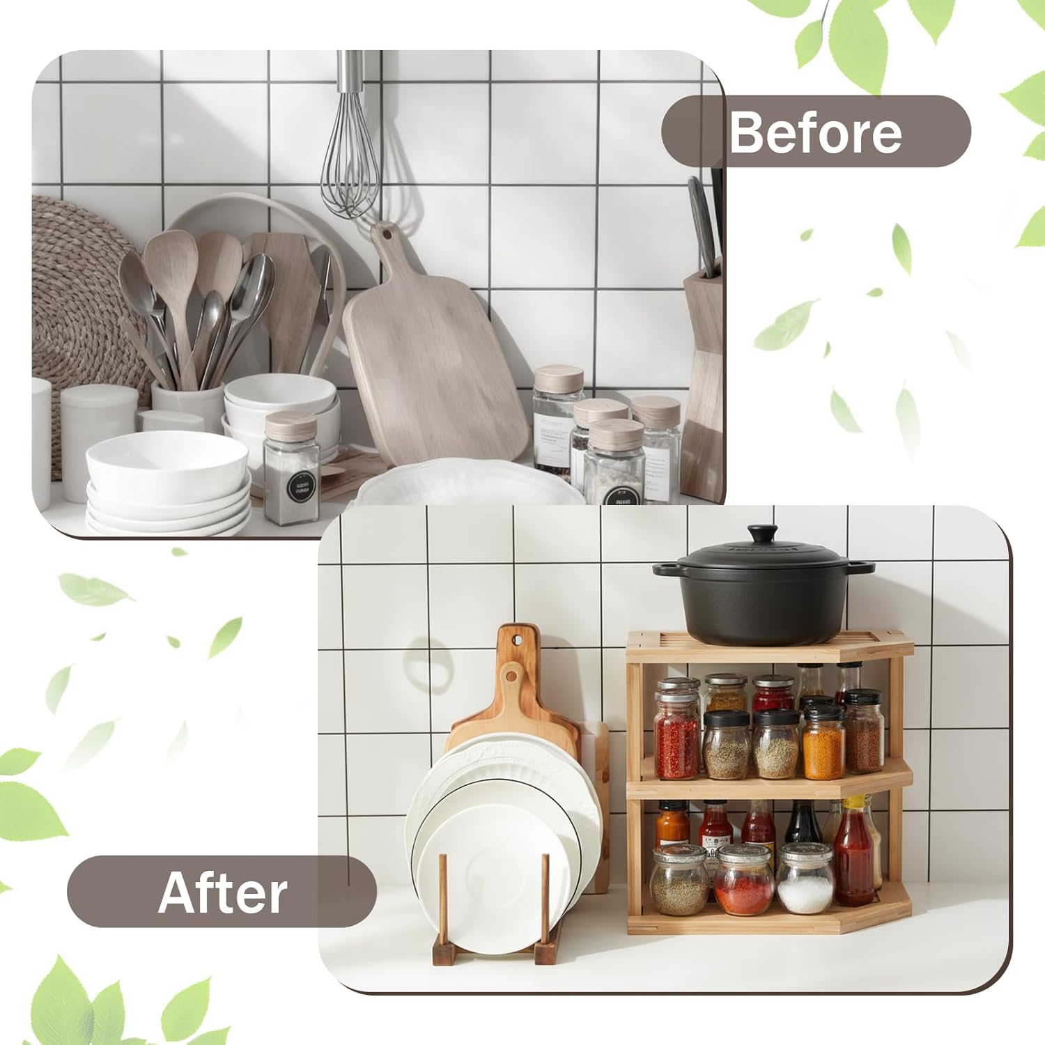 Marsui 3 Pcs Plate Storage Rack, 1 PC Bamboo 3-Tier Corner Shelf Organizer, 2 Pcs Dish Racks Plate Stand Holder, Kitchen Storage Cabinet Organizer, Hold Dishes, Cups, Plates