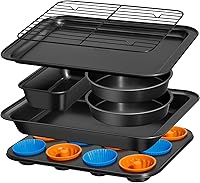 Ymiton 19-Piece Nonstick Bakeware Set: Stackable Cookie Sheets, Cake Pans, Muffin Pan, Loaf Pan, Silicone Cups - Oven Safe 450°F