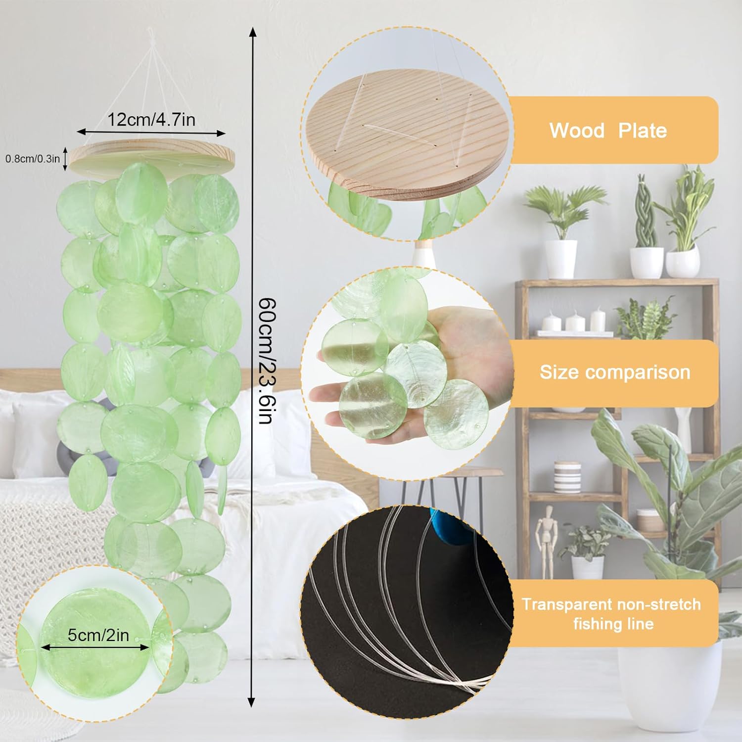 Wind Chimes for Outside, Handcrafted Green Capiz Shells Windchime Coastal Style Decor for Indoor/Outdoors, Garden Decor, Great for Women, Wind Chimes Lovers and More