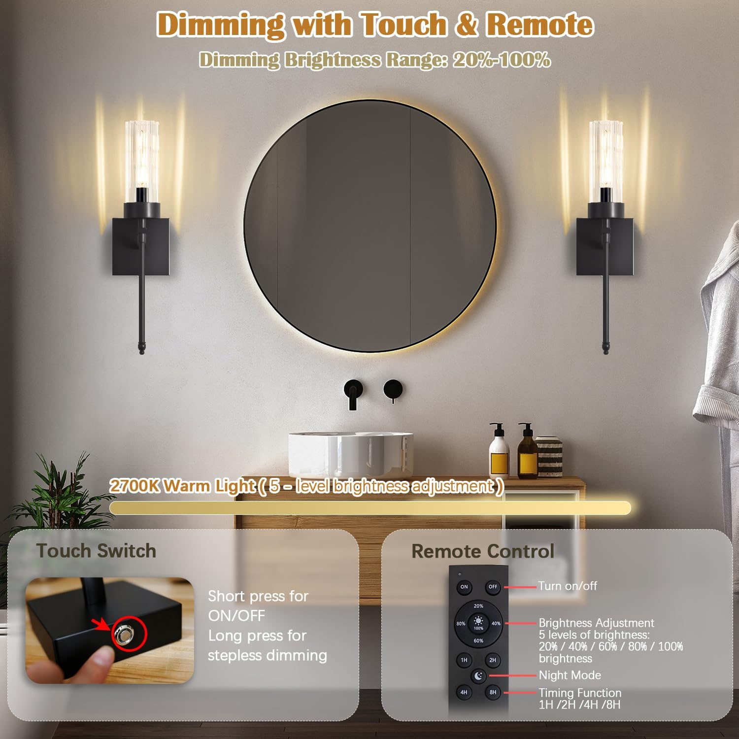 Battery Operated Wall Sconces Set of Two, Black Rechargeable Wall Sconce with Dimmable Remote Control, 16 Inch Wireless Sconce 2700K Wall Light for Bedroom, Living Room (Bulbs Included)