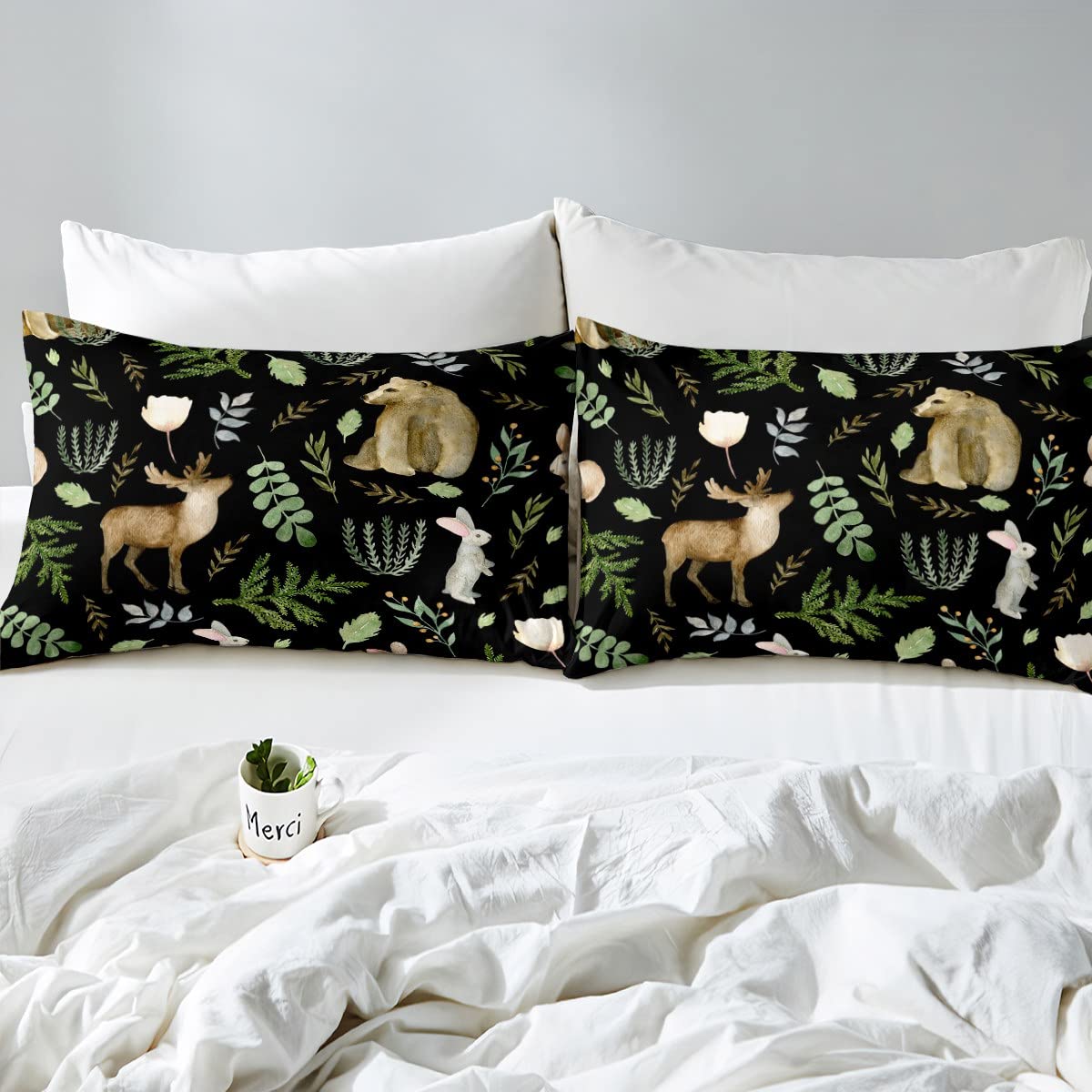 Watercolor Wild Animal Duvet Cover Set Double Size,Deer Bear and Rabbit Print Comforter Cover with 2 Pillowcases,White Flowers Green Leaves Plant Bedding Set for Girls Teens Present Soft Microfiber - Image 4