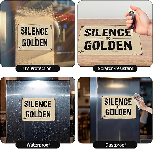 Miniatura 5 de Póster con texto en inglés "Silence Is Golden Beige Back" para decoración de pared, retro, para garaje, hombre, cueva, baño, dormitorio, granja,