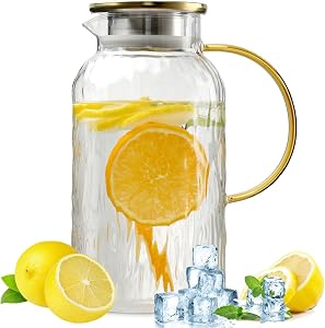 Wlasss Glass Pitcher with Lid, 68oz / 2L Glass Water Jug with Lid, Heat Resistant Juice Jug, Glasses Water Pitcher with Handle for Coffee, Milk, Cold or Hot Beverages,Gifts for Mom