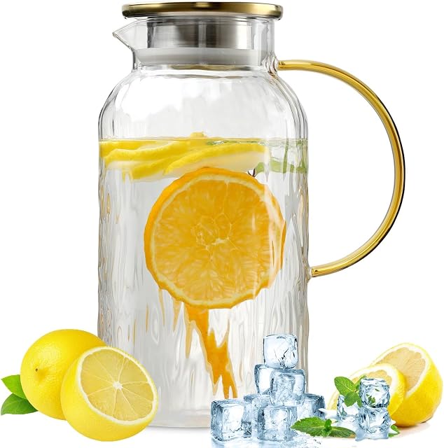 Wlasss Pitcher en verre avec couvercle, 68oz / 2L Jug d'eau de verre avec lis, jus résistant à la chaleur, verre de l'eau Pitcher avec poignée pour café, lait, boissons froides ou chaudes, Dons pour maman