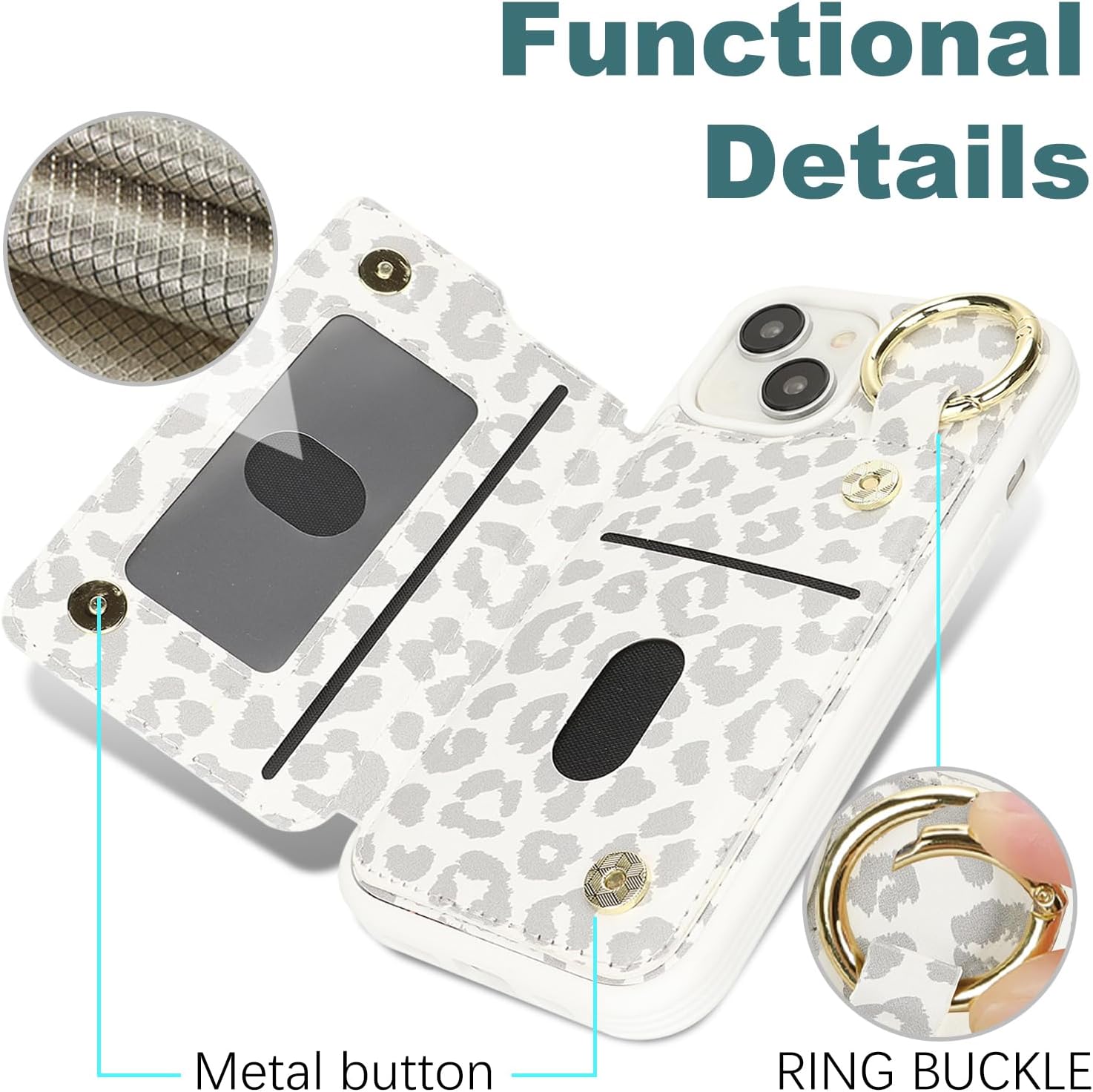 Ｈａｖａｙａ for iPhone 14 case Wallet with Card Holder for Women Men Shockproof Phone case iPhone 13 with Keychain Ring Stand Leather Zipper Credit Card Slots-White Leopard Print