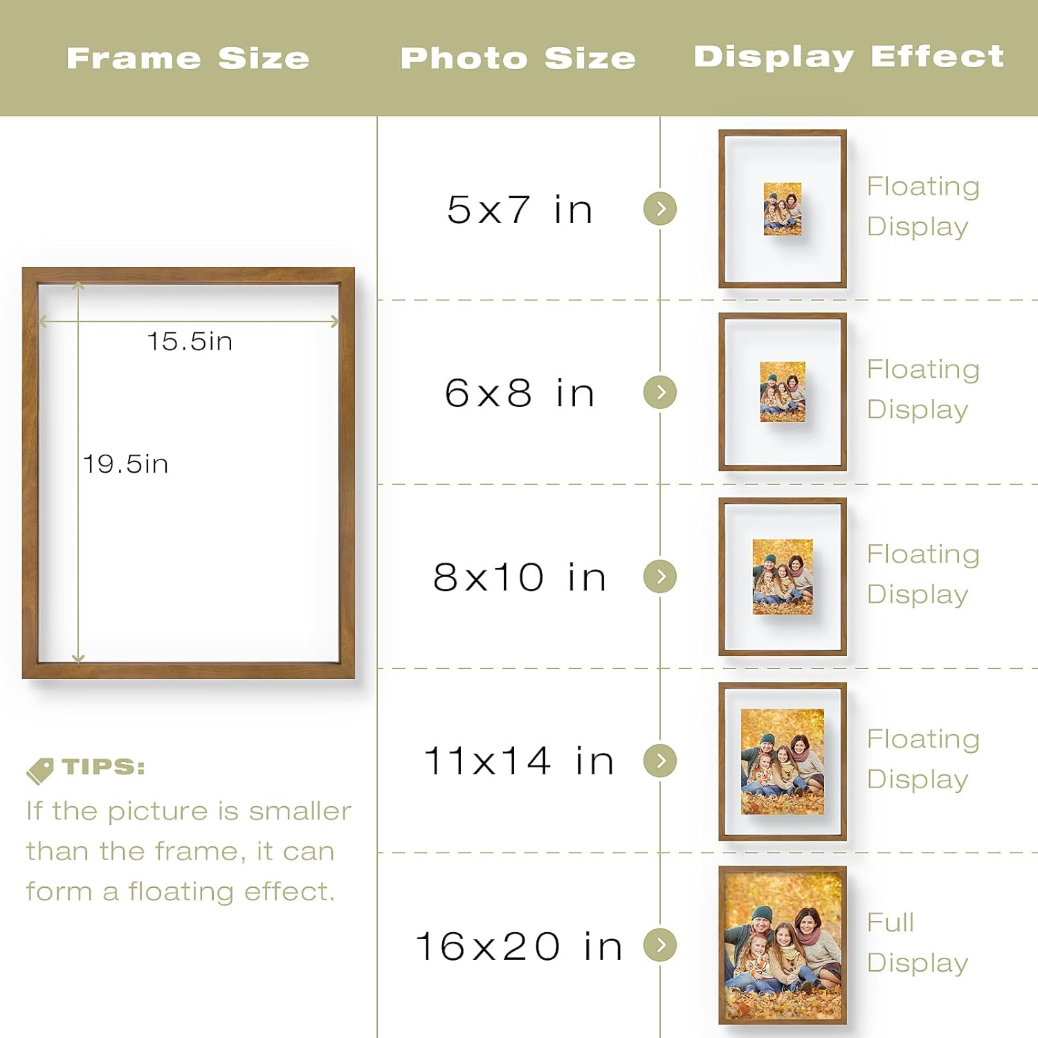16x20 Floating Picture Frame - Brown Solid Wood Frame for Pressed Flower - Real Glass of Front - Use as 11x14 or 12x16 Picture Frame - for Wall Mount Display (Brown, 1 Pack)
