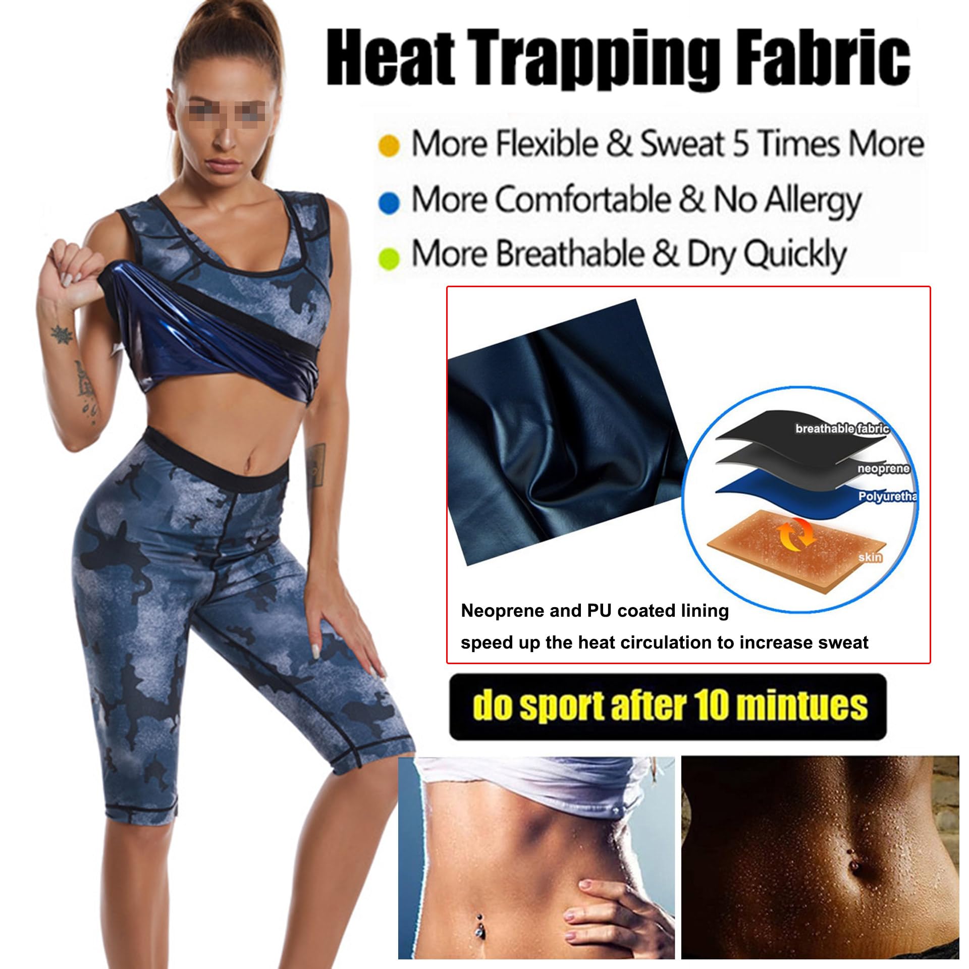 Vêtement De Sudation Femme, Combinaison Sudation Femme, Sudation Femme Amincissante, Ensemble De Sudation Femme(Gilet De Sudation + Short De Sudation) pour Fitness Jogging Yoga