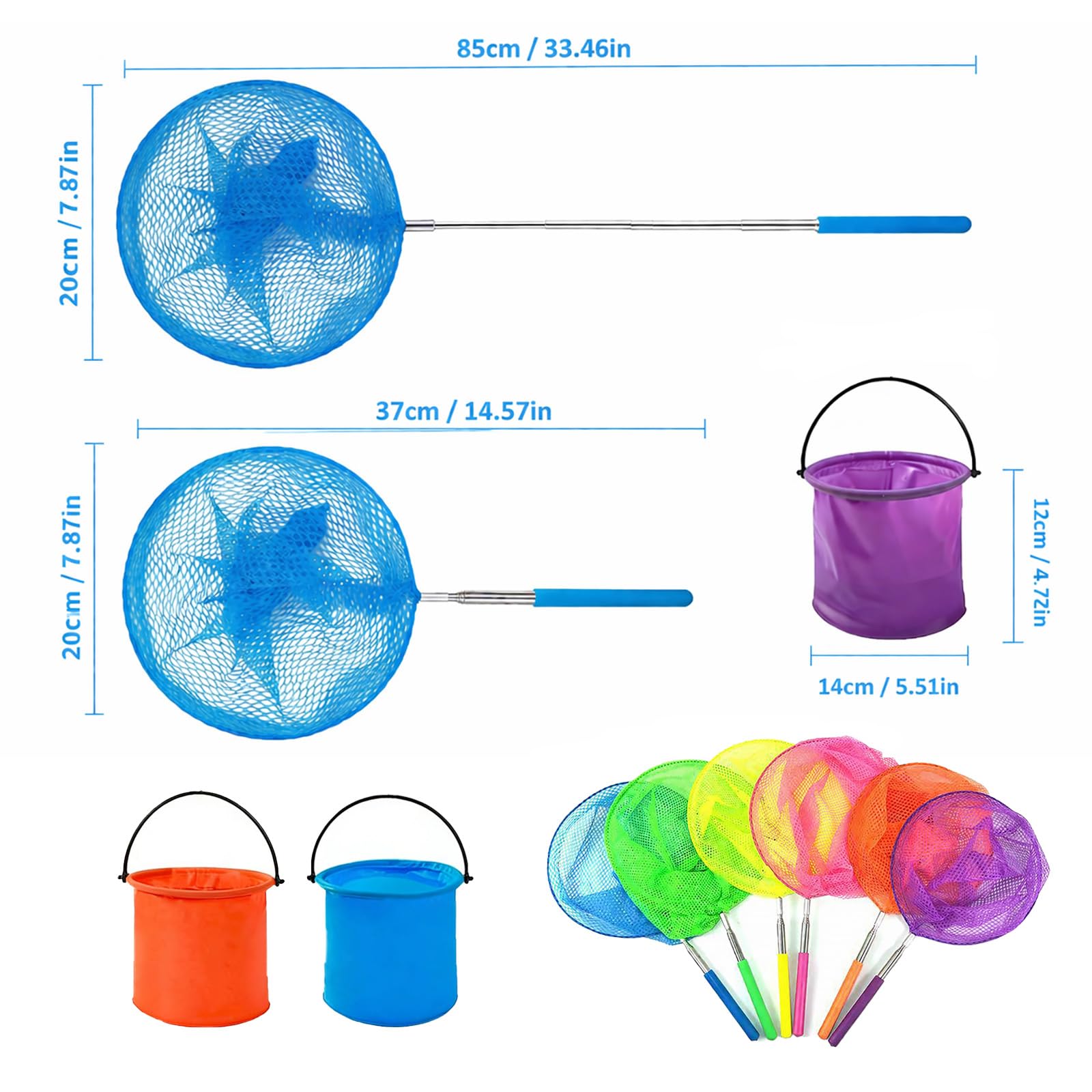6 Piezas Redes Telescópicas de Mariposa Red de Pesca Extensible 37-85 cm con 3 Cubos Plegables Red de Mariposas de Acero Inoxidable,Red Retráctil para Atrapar Insectos,Mariposa,Peces Pequeños