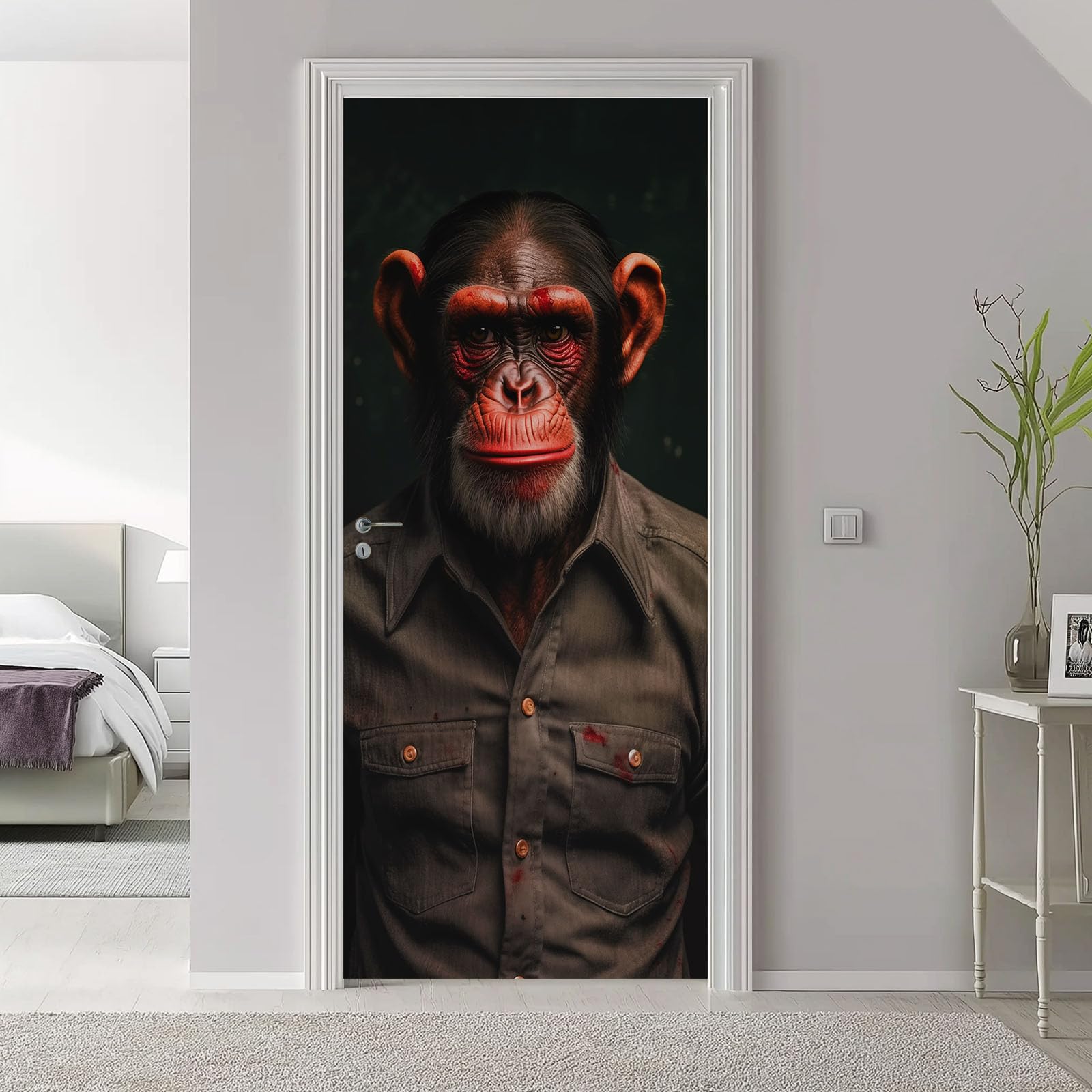 Tier Schimpanse Türaufkleber, Tier Graffiti Wasserdicht Türfolie Selbstklebende Fototapete, Schwarz PVC Abnehmbar Poster Türfolie für Schlafzimmer Badezimmer, 95x215 cm