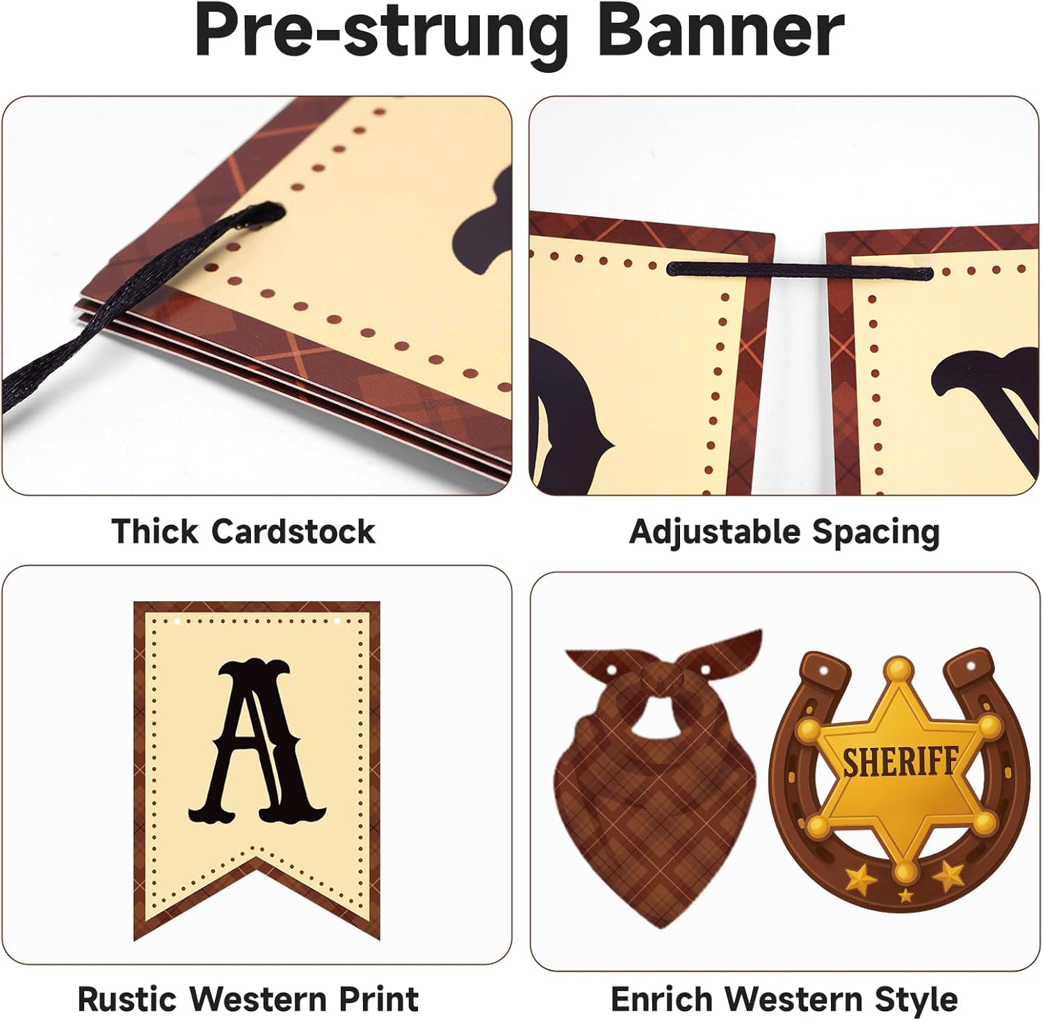 GCQQ Western Cowboy Happy Birthday Banner - Rustic Wild West Birthday Decorations 9.8FT Pre-Strung Cowboy First Rodeo Theme Party Supplies 7×5Inch Sheriff Badge & Horse Paper Bunting Garlands for Boy & Girls - Image 2