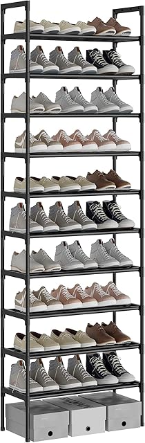 AcornFort® S-538 10 Tiers Black Adjustable Shoe Storage Tall Shoe Rack Organiser Shelf Hold Stand for 30 Pairs Shoe, 56 x 30 x 170cm, Sturdy Design, Space Saving